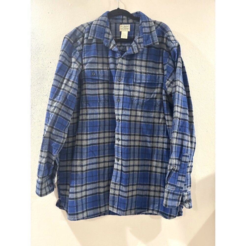 L.L. Bean Blue & Gray Plaid Long Sleeve Chamois Flannel Cotton Shirt XL Tall